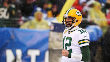 EAST RUTHERFORD, NEW JERSEY - DECEMBER 01: Aaron Rodgers #12 of the Green Bay Packers celebrates a touchdown throw to Allen Lazard #13 against the New York Giants during their game at MetLife Stadium on December 01, 2019 in East Rutherford, New Jersey. (Photo by Al Bello/Getty Images)
