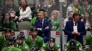 Apr 27, 2022; Dallas, Texas, USA; Dallas Stars head coach calls timeout during the third period against the Arizona Coyotes at the American Airlines Center. Mandatory Credit: Jerome Miron-USA TODAY Sports
