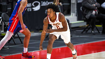 Collin Sexton #2 of the Cleveland Cavaliers reacts to shooting for three points during the fourth quarter of the NBA game against the Detroit Pistons (Photo by Nic Antaya/Getty Images)