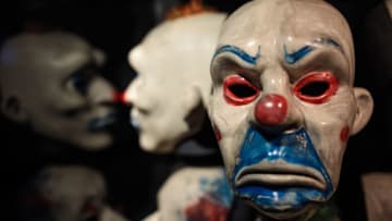 LONDON, ENGLAND - FEBRUARY 22: A clown mask worn by actor Heath Ledger in the 2008 film The Dark Knight is on display at the DC Comics Exhibition: Dawn Of Super Heroes at the O2 Arena on February 22, 2018 in London, England. The exhibition, which opens on February 23rd, features 45 original costumes, models and props used in DC Comics productions including the Batman, Wonder Woman and Superman films. (Photo by Jack Taylor/Getty Images)