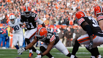 CLEVELAND, OH - DECEMBER 07: Craig Robertson #53 of the Cleveland Browns recovers a fumble for a touchdown during the first quarter against the Indianapolis Colts at FirstEnergy Stadium on December 7, 2014 in Cleveland, Ohio. (Photo by Joe Robbins/Getty Images)