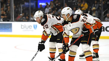 LOS ANGELES, CALIFORNIA - SEPTEMBER 23: Nicolas Deslauriers #20 and Chris Wideman #23 of the Anaheim Ducks line up for a faceoff during a preseason game against the Los Angeles Kings at at Staples Center on September 23, 2019 in Los Angeles, California. (Photo by Harry How/Getty Images)