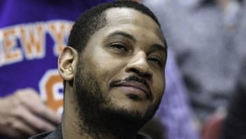 MIAMI, FL - MARCH 31: Carmelo Anthony of the New York Knicks looks on during a NBA game against the Miami Heat on March 31, 2017 at AmericanAirlines Arena in Miami, Florida. NOTE TO USER: User expressly acknowledges and agrees that, by downloading and or using this Photograph, user is consenting to the terms and conditions of the Getty Images License Agreement. (Photo by Ron Elkman/Sports Imagery/Getty Images)