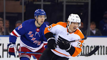 NEW YORK, NEW YORK - APRIL 03: Oskar Lindblom #23 of the Philadelphia Flyers skates against the New York Rangers at Madison Square Garden on April 03, 2022 in New York City. The Flyers defeated the Rangers 4-3 in the shootout. (Photo by Bruce Bennett/Getty Images)