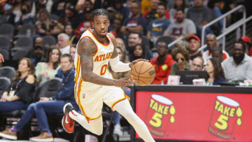 Mar 31, 2022; Atlanta, Georgia, USA; Atlanta Hawks guard Delon Wright (0) drives to the basket against the Cleveland Cavaliers in the second half at State Farm Arena. Mandatory Credit: Brett Davis-USA TODAY Sports