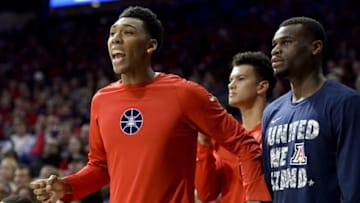 Nov 15, 2016; Tucson, AZ, USA; Arizona Wildcats guard Allonzo Trier (35) (left) and guard Kadeem Allen (5) watch from the bench during the second half against the Cal State Bakersfield Roadrunners at McKale Center. Arizona won 78-66. Mandatory Credit: Casey Sapio-USA TODAY Sports