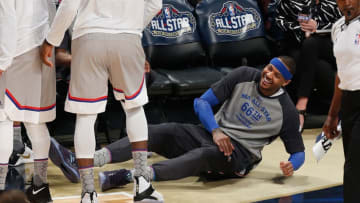 NEW ORLEANS, LA - FEBRUARY 19: Carmelo Anthony #7 of the New York Knicks reacts in the first half of the 2017 NBA All-Star Game at Smoothie King Center on February 19, 2017 in New Orleans, Louisiana. (Photo by Jonathan Bachman/Getty Images)