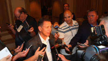 LAS VEGAS, NV - JUNE 23: General manager Ken Holland of the Detroit Red Wings speaks with the media following the NHL general managers meetings at the Bellagio Las Vegas on June 23, 2015 in Las Vegas, Nevada. (Photo by Bruce Bennett/Getty Images)
