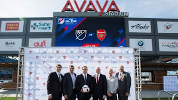 Feb 11, 2016; San Jose, CA, USA; San Jose Earthquakes president Dave Kaval, San Jose mayor Sam Liccardo, MLS deputy commissioner Mark Abbott, Arsenal Football Club head of partnership Alex Wick, Former Arsenal FC and Seattle Sounders player Freddie Ljungberg, and AT&T vice president of external affairs Marc Blakeman pose for a photo during a press conference to announce Arsenal FC as the 2016 AT&T MLS All-Star opponent at Avaya Stadium. Mandatory Credit: Kelley L Cox-USA TODAY Sports