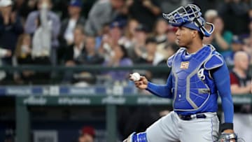 SEATTLE, WA - JUNE 30: Salvador Perez #13 of the Kansas City Royals reacts after a sacrifice fly out by Mike Zunino #3 to score Ben Gamel #16 of the Seattle Mariners in the second inning to give the Seattle Mariners a 4-3 lead during their game at Safeco Field on June 30, 2018 in Seattle, Washington. (Photo by Abbie Parr/Getty Images)
