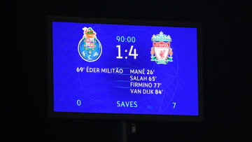 PORTO, PORTUGAL - APRIL 17: The LED screen shows the final score during the UEFA Champions League Quarter Final second leg match between Porto and Liverpool at Estadio do Dragao on April 17, 2019 in Porto, Portugal. (Photo by Matthias Hangst/Getty Images)