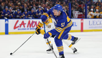 Dec 3, 2023; Buffalo, New York, USA; Buffalo Sabres left wing Jeff Skinner (53) takes a shot on goal during the second period against the Nashville Predators at KeyBank Center. Mandatory Credit: Timothy T. Ludwig-USA TODAY Sports