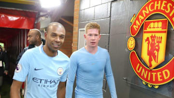 MANCHESTER, ENGLAND - DECEMBER 10: Fernandinho and Kevin De Bruyne after the match between Manchester United and Manchester City at Old Trafford on December 10, 2017 in Manchester, England. (Photo by Victoria Haydn/Man City via Getty Images)