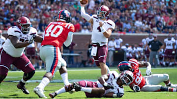 OXFORD, MS - SEPTEMBER 8: Sam Straub #4 of the Southern Illinois Salukis throws a pass during a game against the Mississippi Rebels during the first half at Vaught-Hemingway Stadium on September 8, 2018 in Oxford, Mississippi. (Photo by Wesley Hitt/Getty Images)