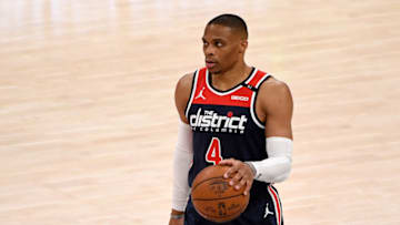 WASHINGTON, DC - MAY 03: Russell Westbrook #4 of the Washington Wizards dribbles against the Indiana Pacers during the first half at Capital One Arena on May 03, 2021 in Washington, DC. NOTE TO USER: User expressly acknowledges and agrees that, by downloading and or using this photograph, User is consenting to the terms and conditions of the Getty Images License Agreement. (Photo by Will Newton/Getty Images)