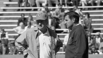 Clemson head coach Red Parker, left, talks with a Florida State coach before the Tigers game against the Seminoles Saturday, November 1, 1975 at Memorial Stadium in Clemson. The Seminoles defeated the Tigers 43-7.Clemson Florida State 1975