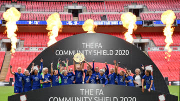 LONDON, ENGLAND - AUGUST 29: Magdalena Erkisson of Chelsea lifts the Community Shield Trophy following her team's victory in during the Women's FA Community Shield Final at Wembley Stadium on August 29, 2020 in London, England. (Photo by Justin Tallis/Pool via Getty Images)
