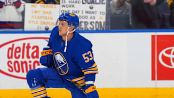BUFFALO, NY - OCTOBER 13: Jeff Skinner #53 of the Buffalo Sabres looks on during warm-up before the game against the Ottawa Senators at KeyBank Center on October 13, 2022 in Buffalo, New York. (Photo by Kevin Hoffman/Getty Images)