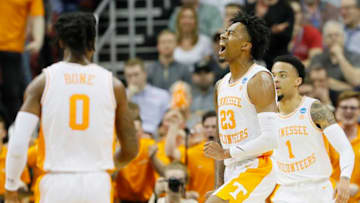 LOUISVILLE, KENTUCKY - MARCH 28: Jordan Bowden #23 of the Tennessee Volunteers reacts against the Purdue Boilermakers during the second half of the 2019 NCAA Men's Basketball Tournament South Regional at the KFC YUM! Center on March 28, 2019 in Louisville, Kentucky. (Photo by Kevin C. Cox/Getty Images)