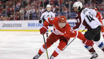 DETROIT, MI - MARCH 18: Detroit Red Wings forward Dylan Larkin (71) skates with the puck during a regular season NHL hockey game between the Colorado Avalanche and the Detroit Red Wings on March 18, 2017, at Joe Louis Arena in Detroit, Michigan. (Photo by Scott W. Grau/Icon Sportswire via Getty Images)
