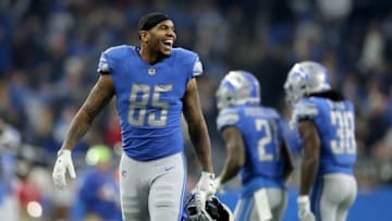 Eric Ebron #85 of the Detroit Lions celebrates a two point conversion reception by quarterback Matthew Stafford #9 of the Detroit Lions during the second half at Ford Field on December 31, 2017 in Detroit, Michigan. (Photo by Leon Halip/Getty Images)
