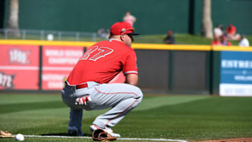 GOODYEAR, ARIZONA - MARCH 03: Mike Trout #27 of the Los Angeles Angels prepares for a spring training game against the Cleveland Indians at Goodyear Ballpark on March 03, 2020 in Goodyear, Arizona. (Photo by Norm Hall/Getty Images)