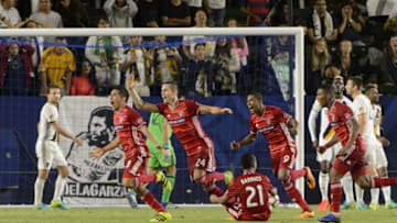 Aug 10, 2016; Los Angeles, CA, USA; FC Dallas midfielder Victor Ulloa (8) celebrates his goal against the LA Galaxy during overtime at StubHub Center. FC Dallas won 2-1 in overtime. Mandatory Credit: Kelvin Kuo-USA TODAY Sports