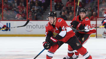 OTTAWA, ON - APRIL 6: Jean-Gabriel Pageau #44 of the Ottawa Senators stickhandles the puck against the Columbus Blue Jackets at Canadian Tire Centre on April 6, 2019 in Ottawa, Ontario, Canada. (Photo by Andrea Cardin/NHLI via Getty Images)