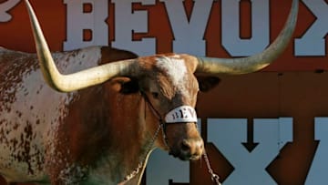 AUSTIN, TX - SEPTEMBER 10: The Texas Longhorns mascot Bevo XIV attends the NCAA game against the BYU Cougars on September 10, 2011 at Darrell K. Royal-Texas Memorial Stadium in Austin, Texas. Texas defeated BYU 17-16. (Photo by Erich Schlegel/Getty Images)
