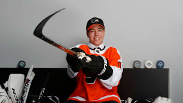 VANCOUVER, BRITISH COLUMBIA - JUNE 22: Bobby Brink poses after being selected 34th overall by the Philadelphia Flyers during the 2019 NHL Draft at Rogers Arena on June 22, 2019 in Vancouver, Canada. (Photo by Kevin Light/Getty Images)