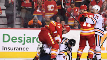 Battle ensued at the end of Game 1 between the Edmonton Oilers and Calgary Flames Mandatory Credit: Candice Ward-USA TODAY Sports