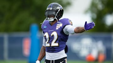 WESTFIELD, IN - AUGUST 17: Baltimore Ravens cornerback Jimmy Smith (22) runs through a drill during the Indianapolis Colts joint training camp practice with the Baltimore Ravens on August 17, 2018 at the Grand Park Sports Campus in Westfield, IN. (Photo by Zach Bolinger/Icon Sportswire via Getty Images)
