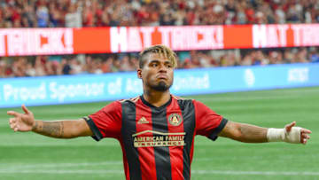 ATLANTA, GA JUNE 02: Atlanta's Josef Martinez (7) poses after he scored on a penalty kick during the match between Atlanta and Philadelphia on June 2, 2018 at Mercedes-Benz Stadium in Atlanta, GA. Atlanta United FC defeated Philadelphia Union 3 1. (Photo by Rich von Biberstein/Icon Sportswire via Getty Images)