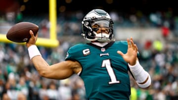 PHILADELPHIA, PA - JANUARY 29: Jalen Hurts #1 of the Philadelphia Eagles warms up prior to the NFC Championship NFL football game against the San Francisco 49ers at Lincoln Financial Field on January 29, 2023 in Philadelphia, Pennsylvania. (Photo by Kevin Sabitus/Getty Images)