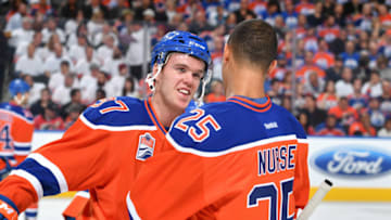 EDMONTON, AB - OCTOBER 12: Connor McDavid and Darnell Nurse. (Photo by Andy Devlin/NHLI via Getty Images)