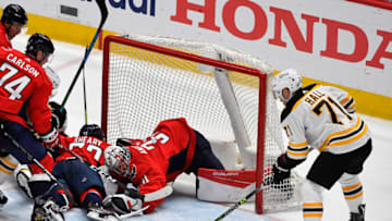 May 17, 2021; Washington, District of Columbia, USA; Boston Bruins left wing Taylor Hall (71) scores a goal against the Washington Capitals during the third period in game two of the first round of the 2021 Stanley Cup Playoffs at Capital One Arena. Mandatory Credit: Brad Mills-USA TODAY Sports