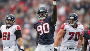 Aug 16, 2014; Houston, TX, USA; Houston Texans linebacker Jadeveon Clowney (90) celebrates after making a sack during the first quarter against the Atlanta Falcons at NRG Stadium. Mandatory Credit: Troy Taormina-USA TODAY Sports