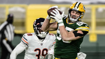Nov 29, 2020; Green Bay, Wisconsin, USA; Green Bay Packers tight end Robert Tonyan (85) catches a pass against Chicago Bears safety Eddie Jackson (39) for a touchdown in the third quarter at Lambeau Field. Mandatory Credit: Benny Sieu-USA TODAY Sports