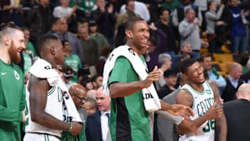 BOSTON, MA - NOVEMBER 1: Al Horford #42 and Marcus Smart #36 of the Boston Celtics react to a play against the Sacramento Kings on November 1, 2017 at the TD Garden in Boston, Massachusetts. NOTE TO USER: User expressly acknowledges and agrees that, by downloading and or using this photograph, User is consenting to the terms and conditions of the Getty Images License Agreement. Mandatory Copyright Notice: Copyright 2017 NBAE (Photo by Brian Babineau/NBAE via Getty Images)