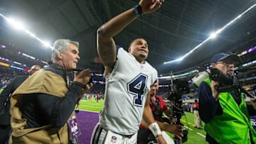 Dec 1, 2016; Minneapolis, MN, USA; Dallas Cowboys quarterback Dak Prescott (4) celebrates following the game against the Minnesota Vikings at U.S. Bank Stadium. The Cowboys defeated the Vikings 17-15. Mandatory Credit: Brace Hemmelgarn-USA TODAY Sports