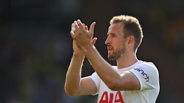 Tottenham Hotspur's English striker Harry Kane celebrates at the end of the English Premier League football match between Norwich City and Tottenham Hotspur at Carrow Road Stadium in Norwich, eastern England, on May 22, 2022. - RESTRICTED TO EDITORIAL USE. No use with unauthorized audio, video, data, fixture lists, club/league logos or 'live' services. Online in-match use limited to 120 images. An additional 40 images may be used in extra time. No video emulation. Social media in-match use limited to 120 images. An additional 40 images may be used in extra time. No use in betting publications, games or single club/league/player publications. (Photo by Ben Stansall / AFP) / RESTRICTED TO EDITORIAL USE. No use with unauthorized audio, video, data, fixture lists, club/league logos or 'live' services. Online in-match use limited to 120 images. An additional 40 images may be used in extra time. No video emulation. Social media in-match use limited to 120 images. An additional 40 images may be used in extra time. No use in betting publications, games or single club/league/player publications. / RESTRICTED TO EDITORIAL USE. No use with unauthorized audio, video, data, fixture lists, club/league logos or 'live' services. Online in-match use limited to 120 images. An additional 40 images may be used in extra time. No video emulation. Social media in-match use limited to 120 images. An additional 40 images may be used in extra time. No use in betting publications, games or single club/league/player publications. (Photo by BEN STANSALL/AFP via Getty Images)