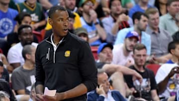 Jul 12, 2016; Las Vegas, NV, USA; Golden State Warriors Summer League head coach Jarron Collins walks the sidelines during a game against the Philadelphia 76ers at Thomas & Mack Center. Mandatory Credit: Stephen R. Sylvanie-USA TODAY Sports