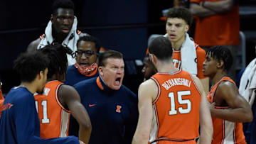 Jan 7, 2021; Evanston, Illinois, USA; Illinois Fighting Illini head coach Brad Underwood reacts during a time out in the first half against the Northwestern Wildcats at Welsh-Ryan Arena. Mandatory Credit: Quinn Harris-USA TODAY Sports