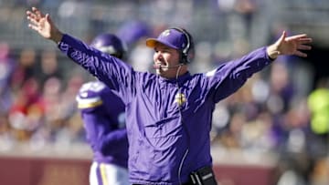 Oct 18, 2015; Minneapolis, MN, USA; Minnesota Vikings head coach Mike Zimmer questions a call against the Kansas City Chiefs at TCF Bank Stadium. The Vikings won 16-10. Mandatory Credit: Bruce Kluckhohn-USA TODAY Sports