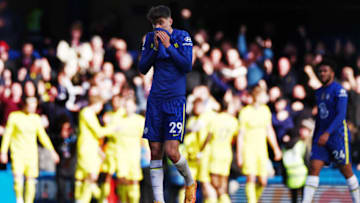 LONDON, ENGLAND - APRIL 02: Kai Havertz of Chelsea reacts after their side concedes a fourth goal scored by Yoane Wissa of Brentfod during the Premier League match between Chelsea and Brentford at Stamford Bridge on April 02, 2022 in London, England. (Photo by Ryan Pierse/Getty Images)