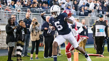 UNIVERSITY PARK, PA - SEPTEMBER 30: DaeSean Hamilton #5 of the Penn State Nittany Lions crosses the goal line on a touchdown pass thrown by Saquon Barkley #26 (not pictured) during the fourth quarter against the Indiana Hoosiers on September 30, 2017 at Beaver Stadium in University Park, Pennsylvania. Penn State defeats Indiana 45-14. (Photo by Brett Carlsen/Getty Images)