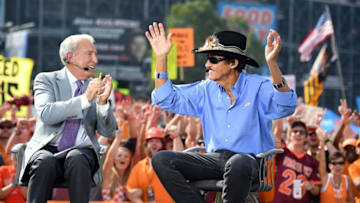 Sep 10, 2016; Bristol, TN, USA; ESPN anayalist Lee Corso talks with NASCAR team owner Richard Petty on the set of College Gameday prior to the Battle at Bristol football game between the Virginia Tech Holies and Tennessee Volunteers at Bristol Motor Speedway. Mandatory Credit: Christopher Hanewinckel-USA TODAY Sports