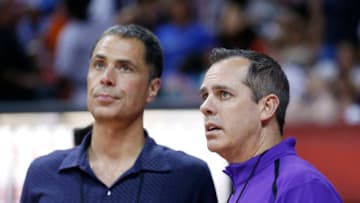 LAS VEGAS, NEVADA - JULY 10: General manager Rob Pelinka of the Los Angeles Lakers (L) talks with head coach Frank Vogel of the Los Angeles Lakers (R) during the 2019 Summer League at the Thomas & Mack Center on July 10, 2019 in Las Vegas, Nevada. NOTE TO USER: User expressly acknowledges and agrees that, by downloading and or using this photograph, User is consenting to the terms and conditions of the Getty Images License Agreement. (Photo by Michael Reaves/Getty Images)