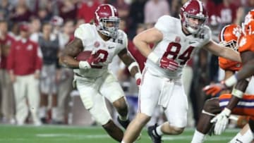 Jan 11, 2016; Glendale, AZ, USA; Alabama Crimson Tide running back Derrick Henry (2) runs with the ball against the Clemson Tigers in the 2016 CFP National Championship at University of Phoenix Stadium. Mandatory Credit: Matthew Emmons-USA TODAY Sports
