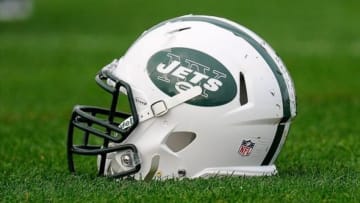 July 29, 2012; Cortland, NY, USA; A general view of a New York Jets helmet on the ground during training camp at SUNY Cortland. Mandatory Credit: Rich Barnes-USA TODAY Sports